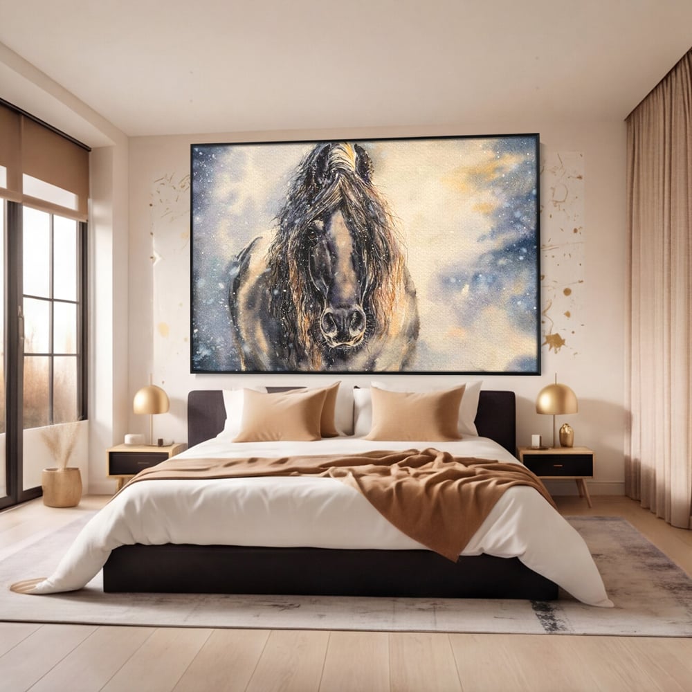 Leinwand Wandkunst Canvas Premium, LuxCanva® M1355, Reise durch den Schneesturm, Pferd, Tier, Winter, Schnee, Sturm, Schnee, Schneesturm, Wind, Licht, Licht, Blick, Malerei, Wild, Büro, Wohnen, Kinderzimmer