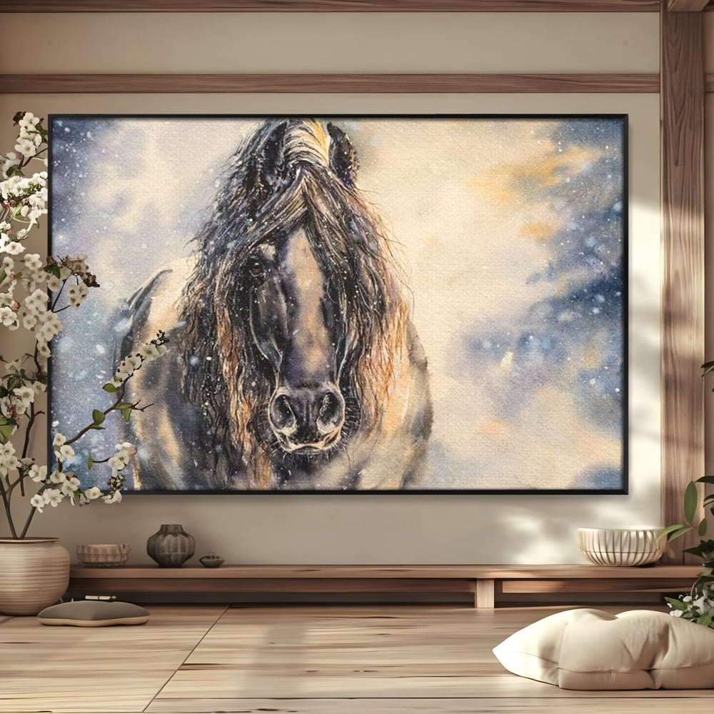 Leinwand Wandkunst Canvas Premium, LuxCanva® M1355, Reise durch den Schneesturm, Pferd, Tier, Winter, Schnee, Sturm, Schnee, Schneesturm, Wind, Licht, Licht, Blick, Malerei, Wild, Büro, Wohnen, Kinderzimmer