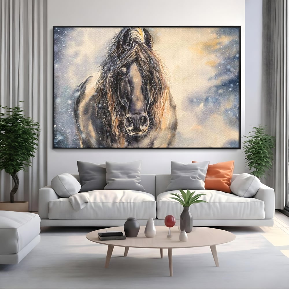 Leinwand Wandkunst Canvas Premium, LuxCanva® M1355, Reise durch den Schneesturm, Pferd, Tier, Winter, Schnee, Sturm, Schnee, Schneesturm, Wind, Licht, Licht, Blick, Malerei, Wild, Büro, Wohnen, Kinderzimmer