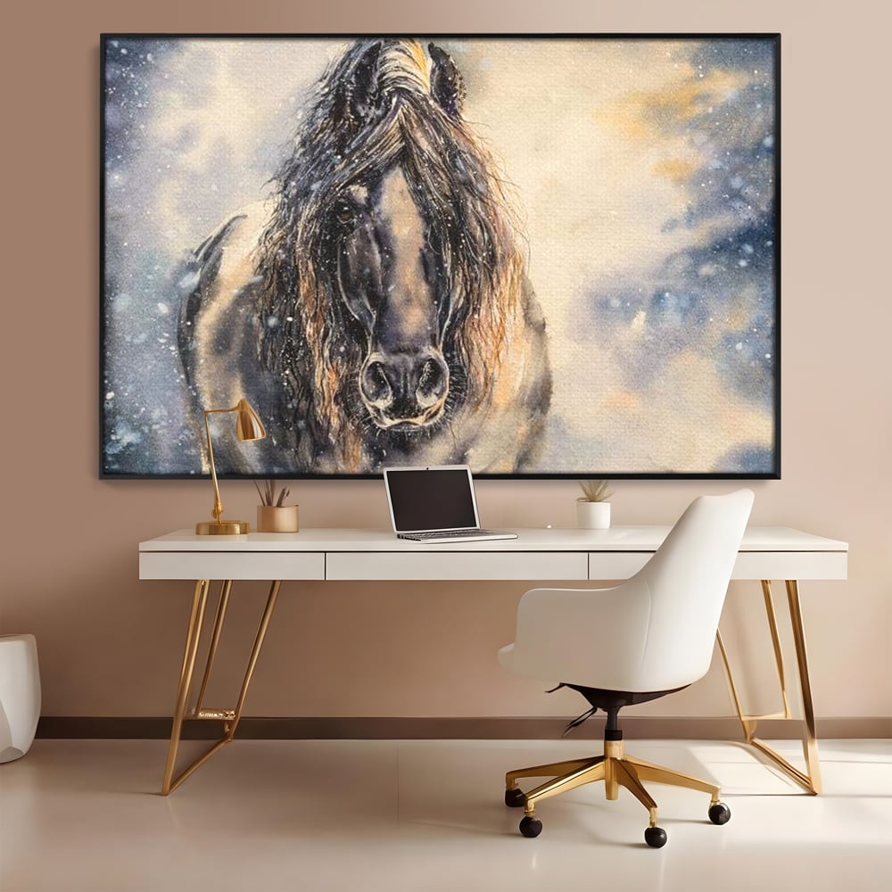 Leinwand Wandkunst Canvas Premium, LuxCanva® M1355, Reise durch den Schneesturm, Pferd, Tier, Winter, Schnee, Sturm, Schnee, Schneesturm, Wind, Licht, Licht, Blick, Malerei, Wild, Büro, Wohnen, Kinderzimmer