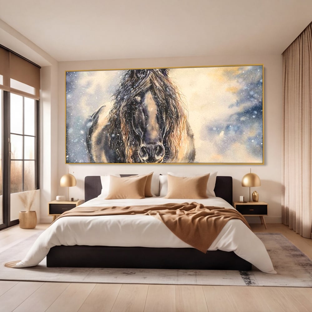Leinwand Wandkunst Canvas Premium, LuxCanva® M1355, Reise durch den Schneesturm, Pferd, Tier, Winter, Schnee, Sturm, Schnee, Schneesturm, Wind, Licht, Licht, Blick, Malerei, Wild, Büro, Wohnen, Kinderzimmer