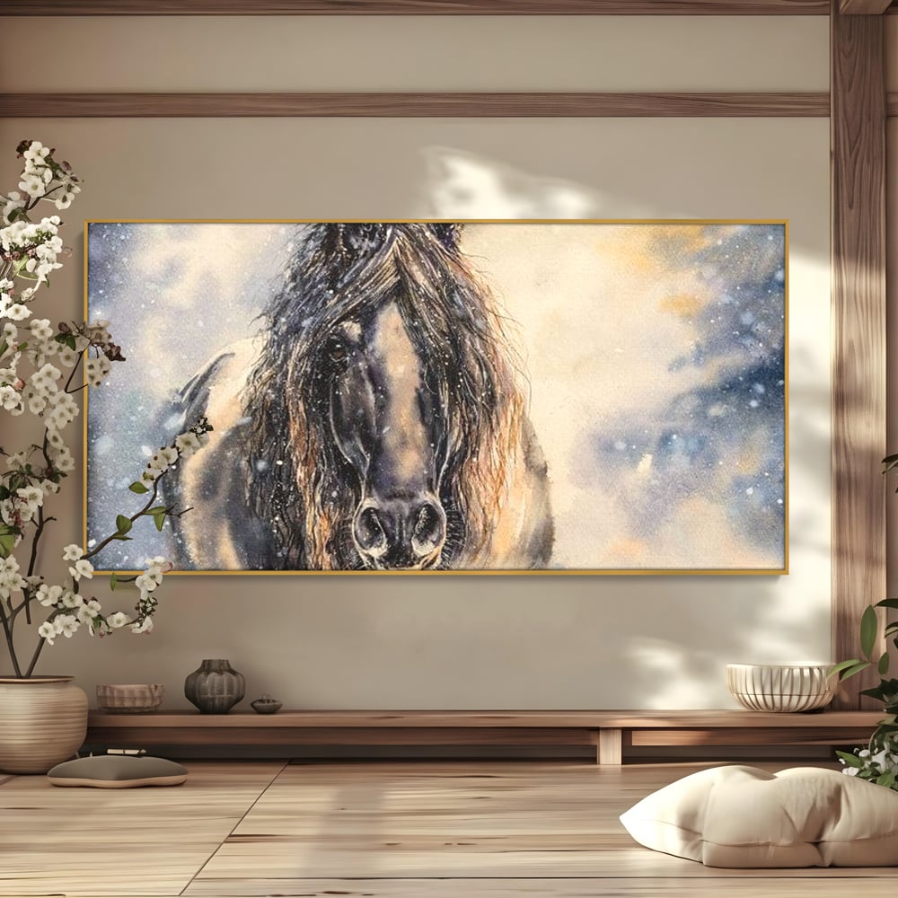 Leinwand Wandkunst Canvas Premium, LuxCanva® M1355, Reise durch den Schneesturm, Pferd, Tier, Winter, Schnee, Sturm, Schnee, Schneesturm, Wind, Licht, Licht, Blick, Malerei, Wild, Büro, Wohnen, Kinderzimmer