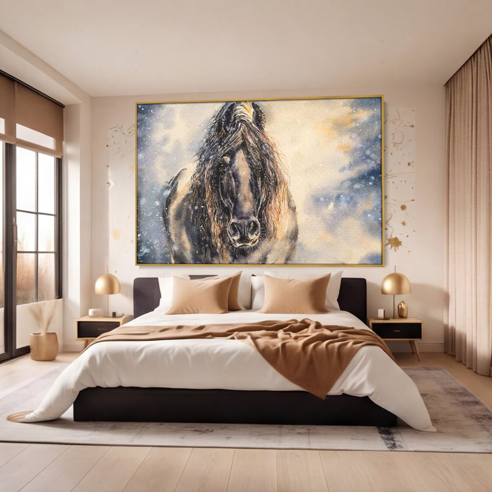 Leinwand Wandkunst Canvas Premium, LuxCanva® M1355, Reise durch den Schneesturm, Pferd, Tier, Winter, Schnee, Sturm, Schnee, Schneesturm, Wind, Licht, Licht, Blick, Malerei, Wild, Büro, Wohnen, Kinderzimmer