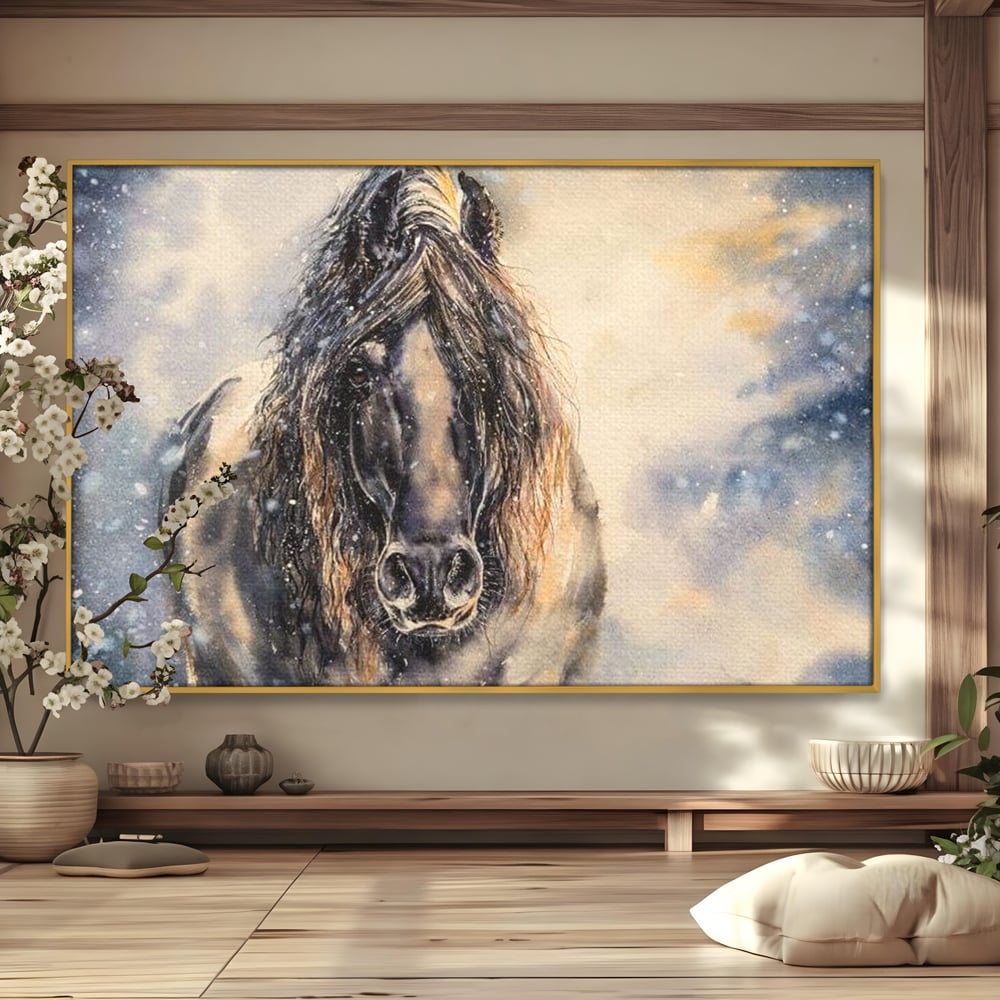 Leinwand Wandkunst Canvas Premium, LuxCanva® M1355, Reise durch den Schneesturm, Pferd, Tier, Winter, Schnee, Sturm, Schnee, Schneesturm, Wind, Licht, Licht, Blick, Malerei, Wild, Büro, Wohnen, Kinderzimmer