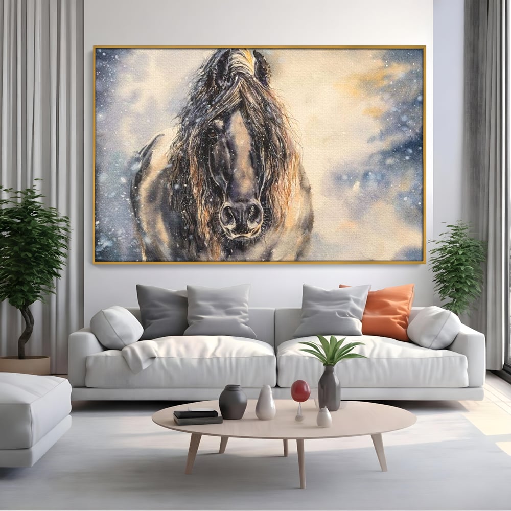 Leinwand Wandkunst Canvas Premium, LuxCanva® M1355, Reise durch den Schneesturm, Pferd, Tier, Winter, Schnee, Sturm, Schnee, Schneesturm, Wind, Licht, Licht, Blick, Malerei, Wild, Büro, Wohnen, Kinderzimmer