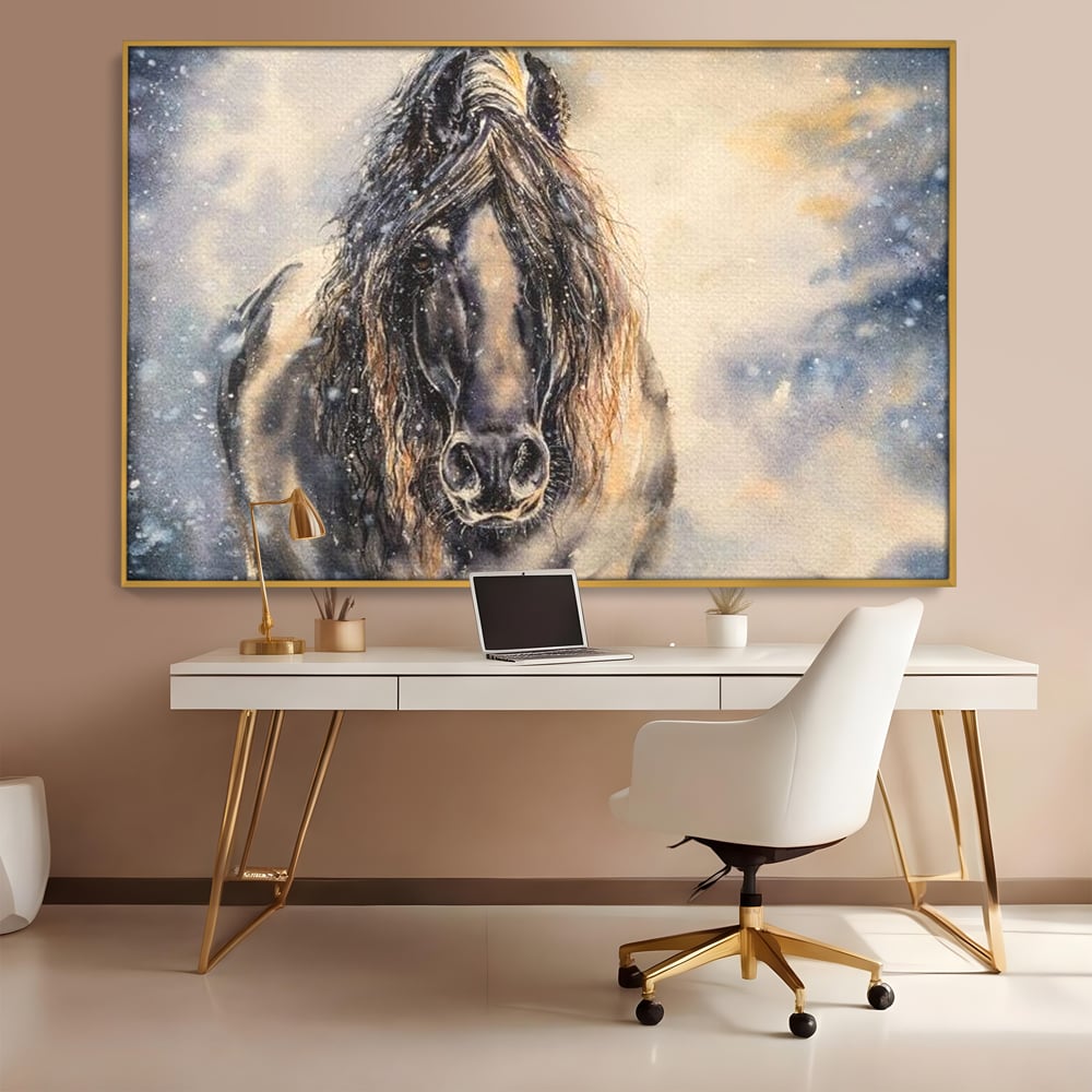 Leinwand Wandkunst Canvas Premium, LuxCanva® M1355, Reise durch den Schneesturm, Pferd, Tier, Winter, Schnee, Sturm, Schnee, Schneesturm, Wind, Licht, Licht, Blick, Malerei, Wild, Büro, Wohnen, Kinderzimmer