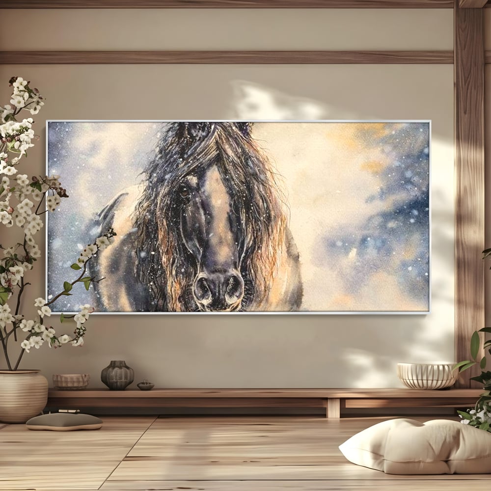 Leinwand Wandkunst Canvas Premium, LuxCanva® M1355, Reise durch den Schneesturm, Pferd, Tier, Winter, Schnee, Sturm, Schnee, Schneesturm, Wind, Licht, Licht, Blick, Malerei, Wild, Büro, Wohnen, Kinderzimmer