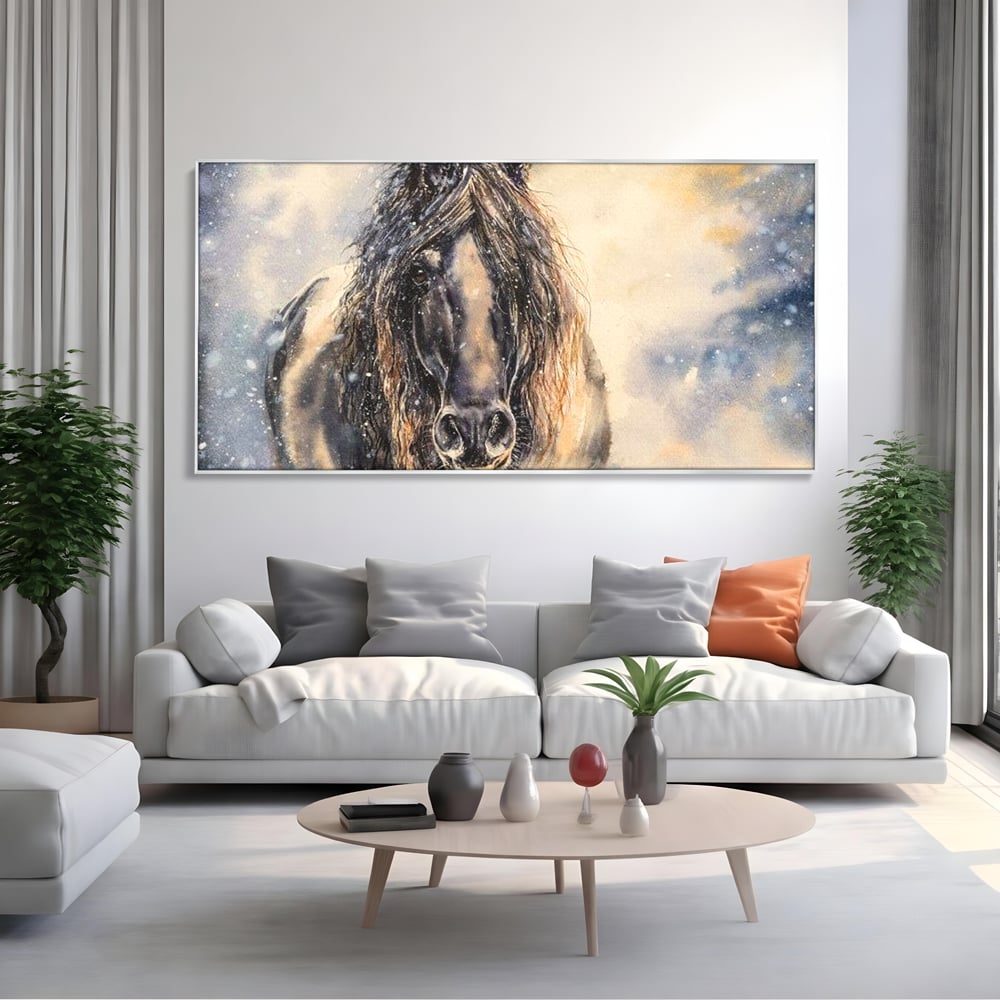 Leinwand Wandkunst Canvas Premium, LuxCanva® M1355, Reise durch den Schneesturm, Pferd, Tier, Winter, Schnee, Sturm, Schnee, Schneesturm, Wind, Licht, Licht, Blick, Malerei, Wild, Büro, Wohnen, Kinderzimmer