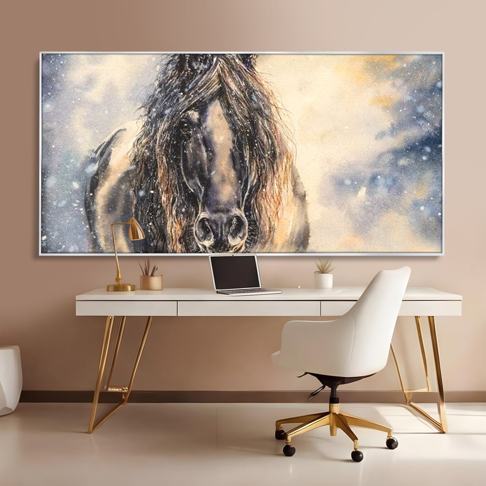 Leinwand Wandkunst Canvas Premium, LuxCanva® M1355, Reise durch den Schneesturm, Pferd, Tier, Winter, Schnee, Sturm, Schnee, Schneesturm, Wind, Licht, Licht, Blick, Malerei, Wild, Büro, Wohnen, Kinderzimmer