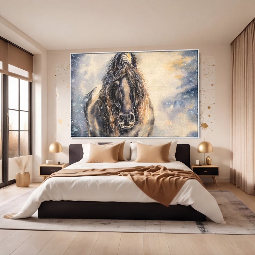 Leinwand Wandkunst Canvas Premium, LuxCanva® M1355, Reise durch den Schneesturm, Pferd, Tier, Winter, Schnee, Sturm, Schnee, Schneesturm, Wind, Licht, Licht, Blick, Malerei, Wild, Büro, Wohnen, Kinderzimmer