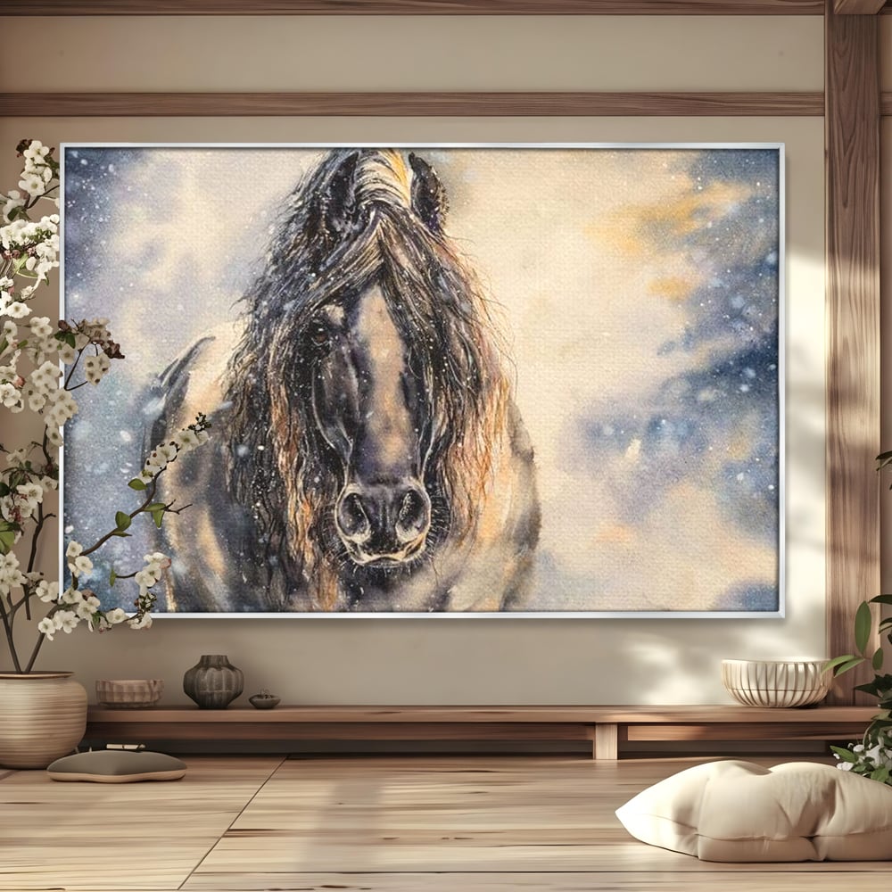 Leinwand Wandkunst Canvas Premium, LuxCanva® M1355, Reise durch den Schneesturm, Pferd, Tier, Winter, Schnee, Sturm, Schnee, Schneesturm, Wind, Licht, Licht, Blick, Malerei, Wild, Büro, Wohnen, Kinderzimmer