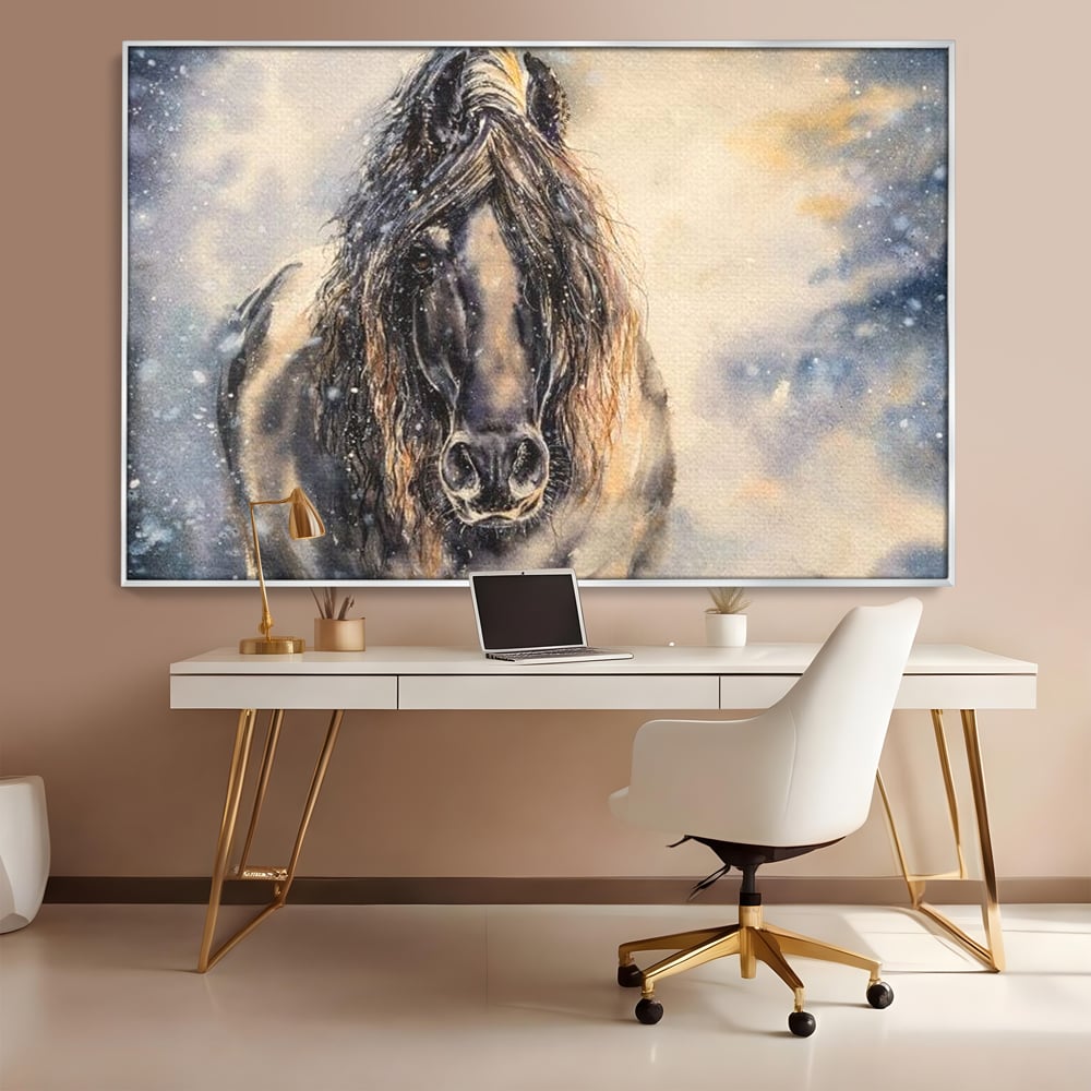 Leinwand Wandkunst Canvas Premium, LuxCanva® M1355, Reise durch den Schneesturm, Pferd, Tier, Winter, Schnee, Sturm, Schnee, Schneesturm, Wind, Licht, Licht, Blick, Malerei, Wild, Büro, Wohnen, Kinderzimmer