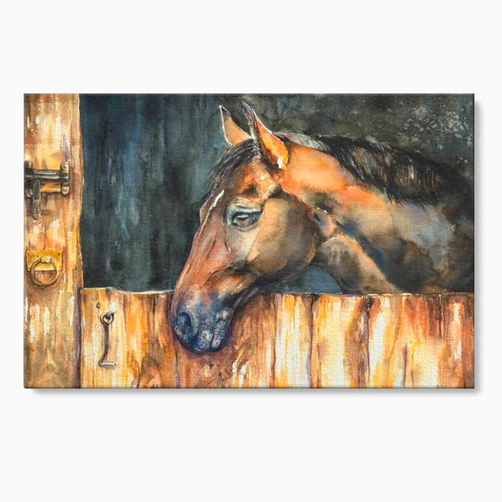 Leinwand Wandkunst Canvas Premium, LuxCanva® M1356, In der Scheune, Scheune, Stall, Rustikal, Ländlich, Holz, Pferd, Frieden, Natur, Frieden, Frieden, Begleiter, Gemälde, Büro, Wohnen, Kinderzimmer