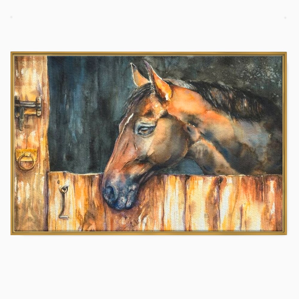 Leinwand Wandkunst Canvas Premium, LuxCanva® M1356, In der Scheune, Scheune, Stall, Rustikal, Ländlich, Holz, Pferd, Frieden, Natur, Frieden, Frieden, Begleiter, Gemälde, Büro, Wohnen, Kinderzimmer