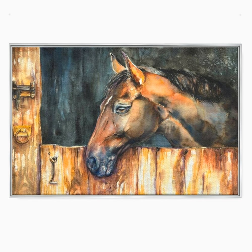Leinwand Wandkunst Canvas Premium, LuxCanva® M1356, In der Scheune, Scheune, Stall, Rustikal, Ländlich, Holz, Pferd, Frieden, Natur, Frieden, Frieden, Begleiter, Gemälde, Büro, Wohnen, Kinderzimmer