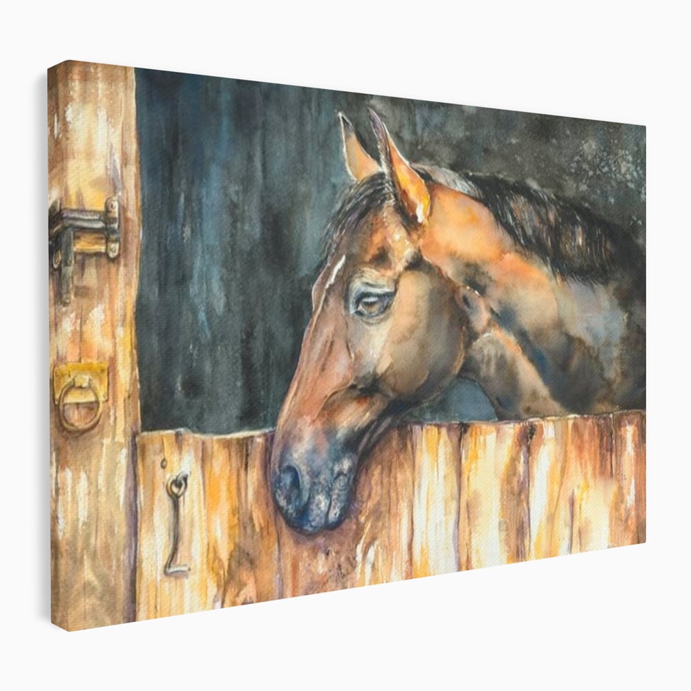 Leinwand Wandkunst Canvas Premium, LuxCanva® M1356, In der Scheune, Scheune, Stall, Rustikal, Ländlich, Holz, Pferd, Frieden, Natur, Frieden, Frieden, Begleiter, Gemälde, Büro, Wohnen, Kinderzimmer