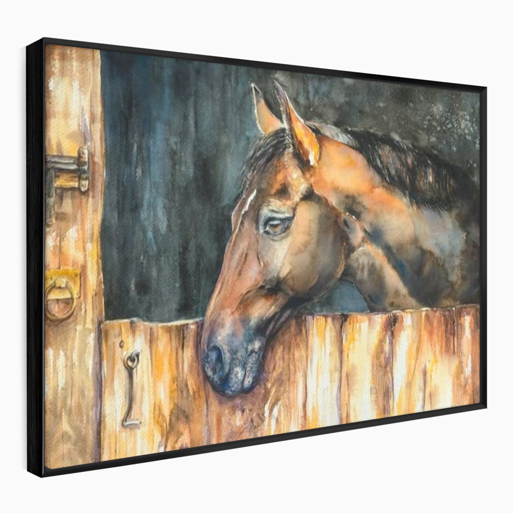 Leinwand Wandkunst Canvas Premium, LuxCanva® M1356, In der Scheune, Scheune, Stall, Rustikal, Ländlich, Holz, Pferd, Frieden, Natur, Frieden, Frieden, Begleiter, Gemälde, Büro, Wohnen, Kinderzimmer