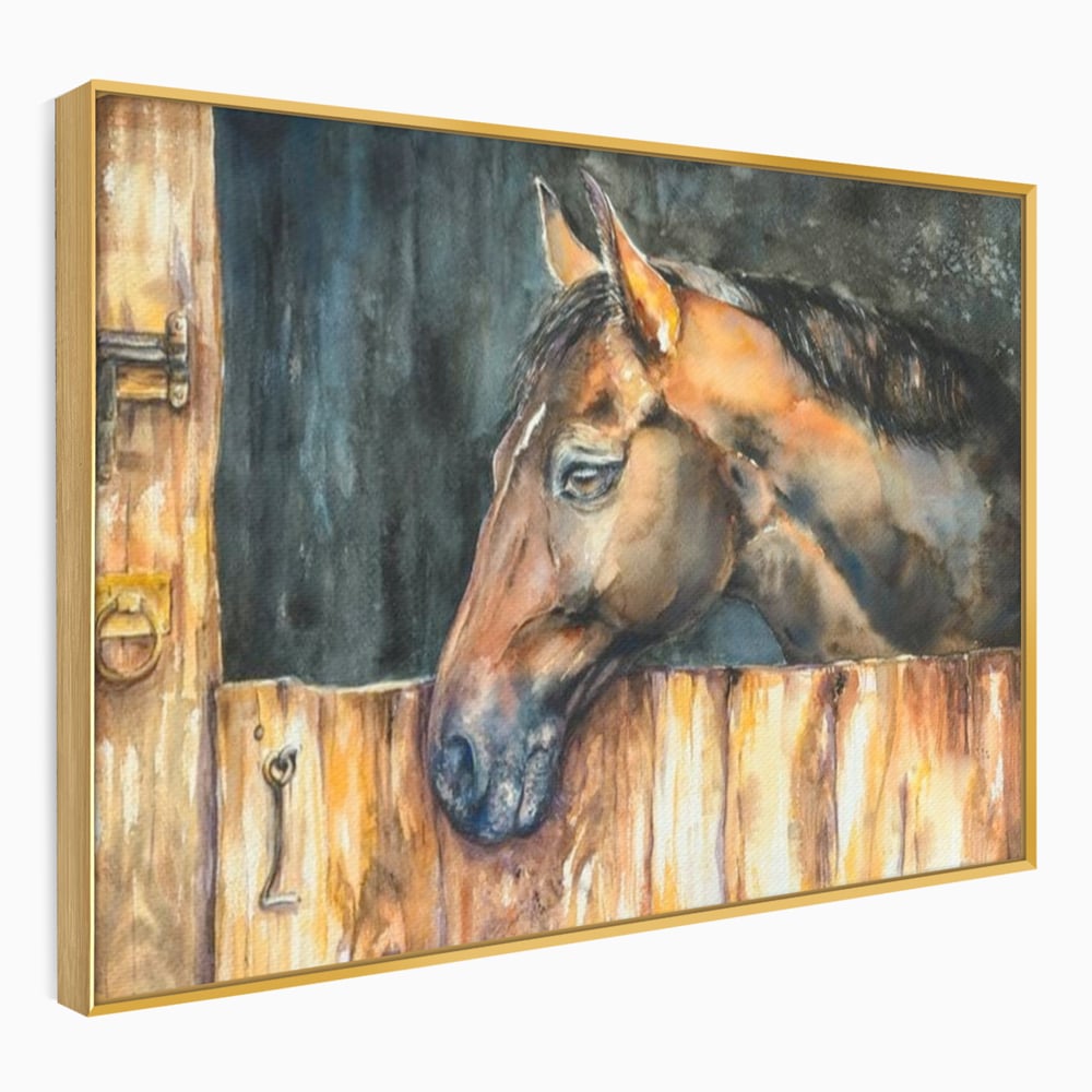 Leinwand Wandkunst Canvas Premium, LuxCanva® M1356, In der Scheune, Scheune, Stall, Rustikal, Ländlich, Holz, Pferd, Frieden, Natur, Frieden, Frieden, Begleiter, Gemälde, Büro, Wohnen, Kinderzimmer