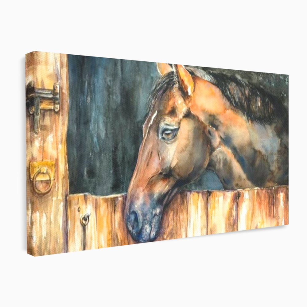 Leinwand Wandkunst Canvas Premium, LuxCanva® M1356, In der Scheune, Scheune, Stall, Rustikal, Ländlich, Holz, Pferd, Frieden, Natur, Frieden, Frieden, Begleiter, Gemälde, Büro, Wohnen, Kinderzimmer