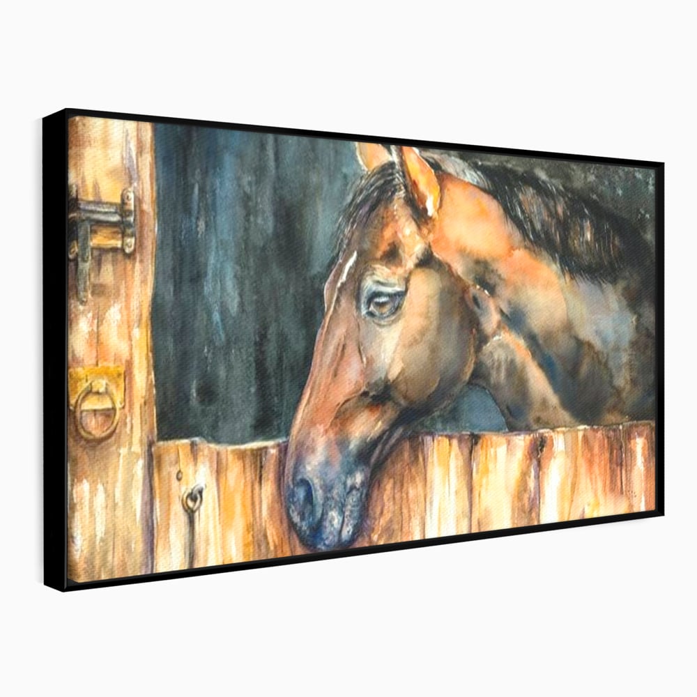 Leinwand Wandkunst Canvas Premium, LuxCanva® M1356, In der Scheune, Scheune, Stall, Rustikal, Ländlich, Holz, Pferd, Frieden, Natur, Frieden, Frieden, Begleiter, Gemälde, Büro, Wohnen, Kinderzimmer