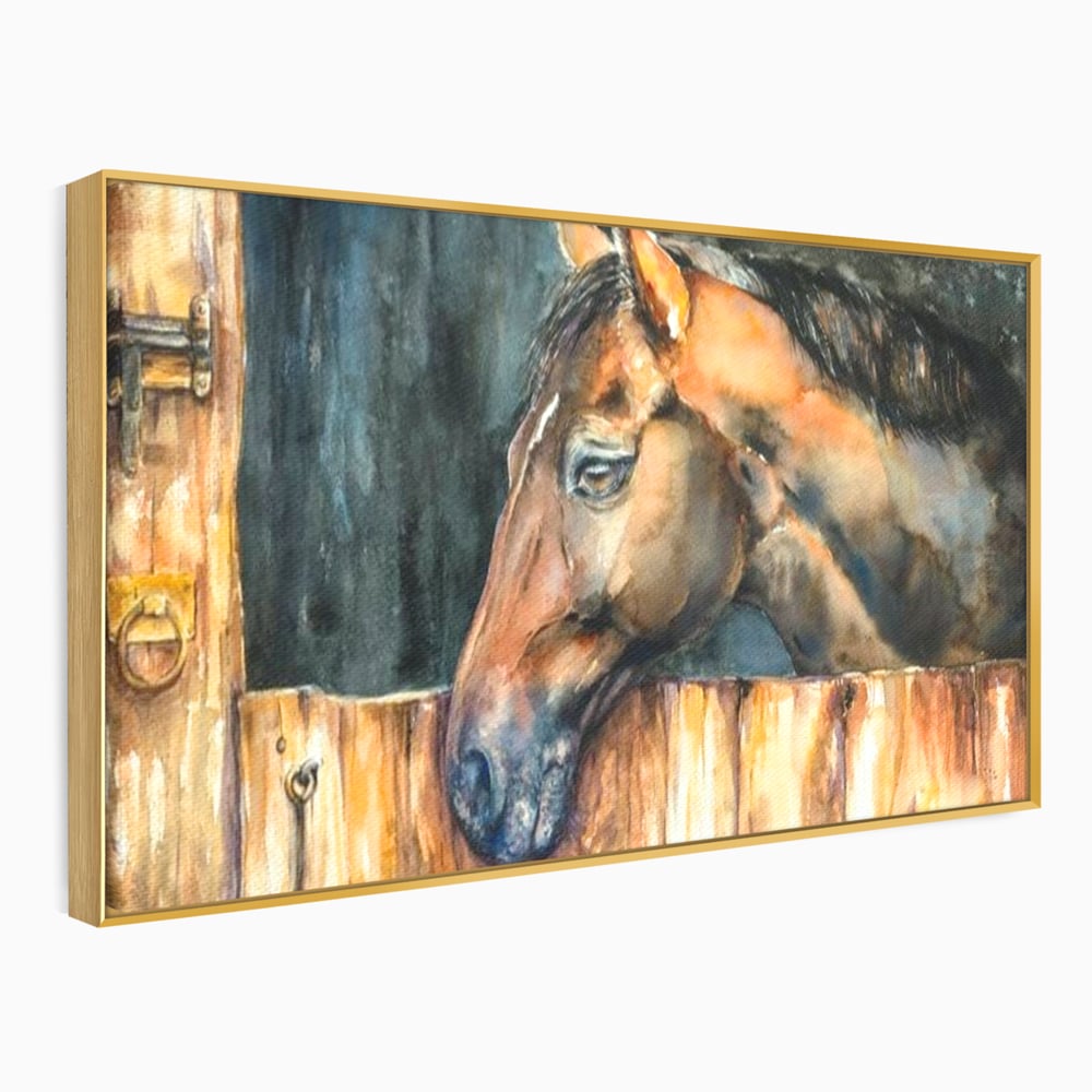 Leinwand Wandkunst Canvas Premium, LuxCanva® M1356, In der Scheune, Scheune, Stall, Rustikal, Ländlich, Holz, Pferd, Frieden, Natur, Frieden, Frieden, Begleiter, Gemälde, Büro, Wohnen, Kinderzimmer