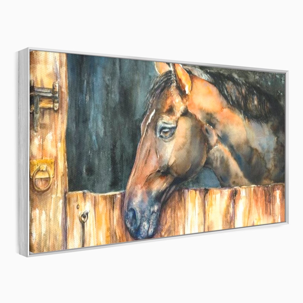 Leinwand Wandkunst Canvas Premium, LuxCanva® M1356, In der Scheune, Scheune, Stall, Rustikal, Ländlich, Holz, Pferd, Frieden, Natur, Frieden, Frieden, Begleiter, Gemälde, Büro, Wohnen, Kinderzimmer