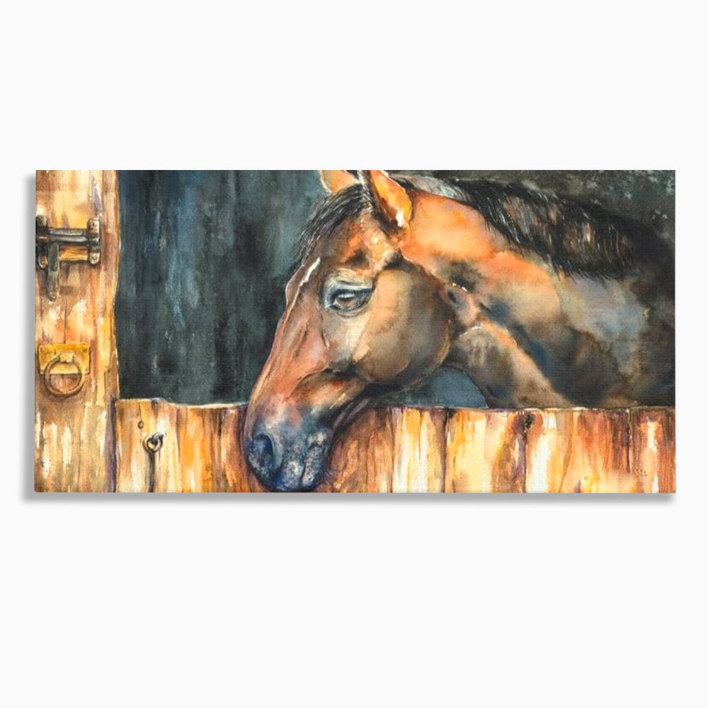 Leinwand Wandkunst Canvas Premium, LuxCanva® M1356, In der Scheune, Scheune, Stall, Rustikal, Ländlich, Holz, Pferd, Frieden, Natur, Frieden, Frieden, Begleiter, Gemälde, Büro, Wohnen, Kinderzimmer