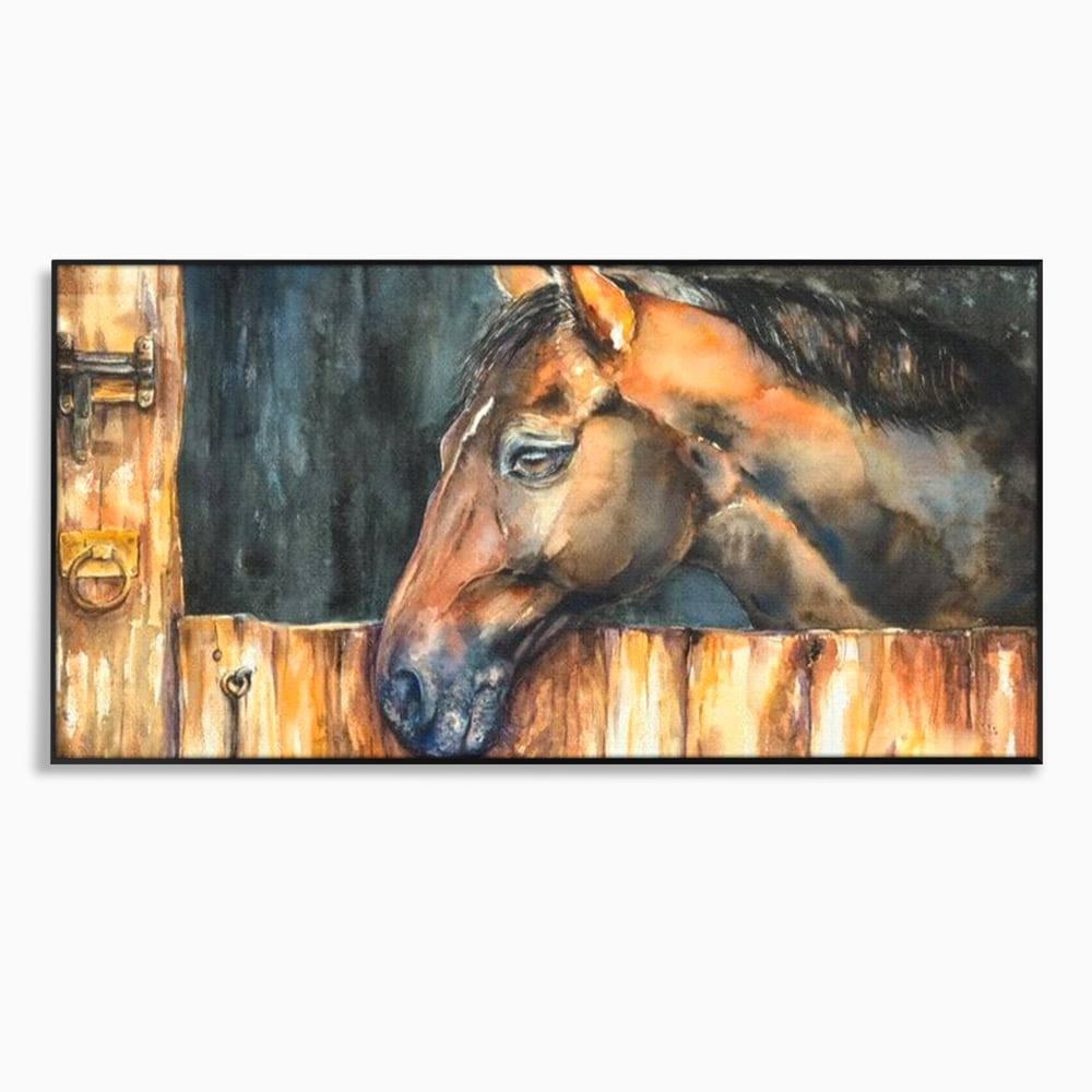 Leinwand Wandkunst Canvas Premium, LuxCanva® M1356, In der Scheune, Scheune, Stall, Rustikal, Ländlich, Holz, Pferd, Frieden, Natur, Frieden, Frieden, Begleiter, Gemälde, Büro, Wohnen, Kinderzimmer