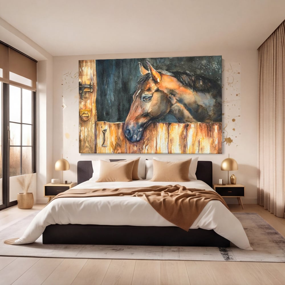 Leinwand Wandkunst Canvas Premium, LuxCanva® M1356, In der Scheune, Scheune, Stall, Rustikal, Ländlich, Holz, Pferd, Frieden, Natur, Frieden, Frieden, Begleiter, Gemälde, Büro, Wohnen, Kinderzimmer
