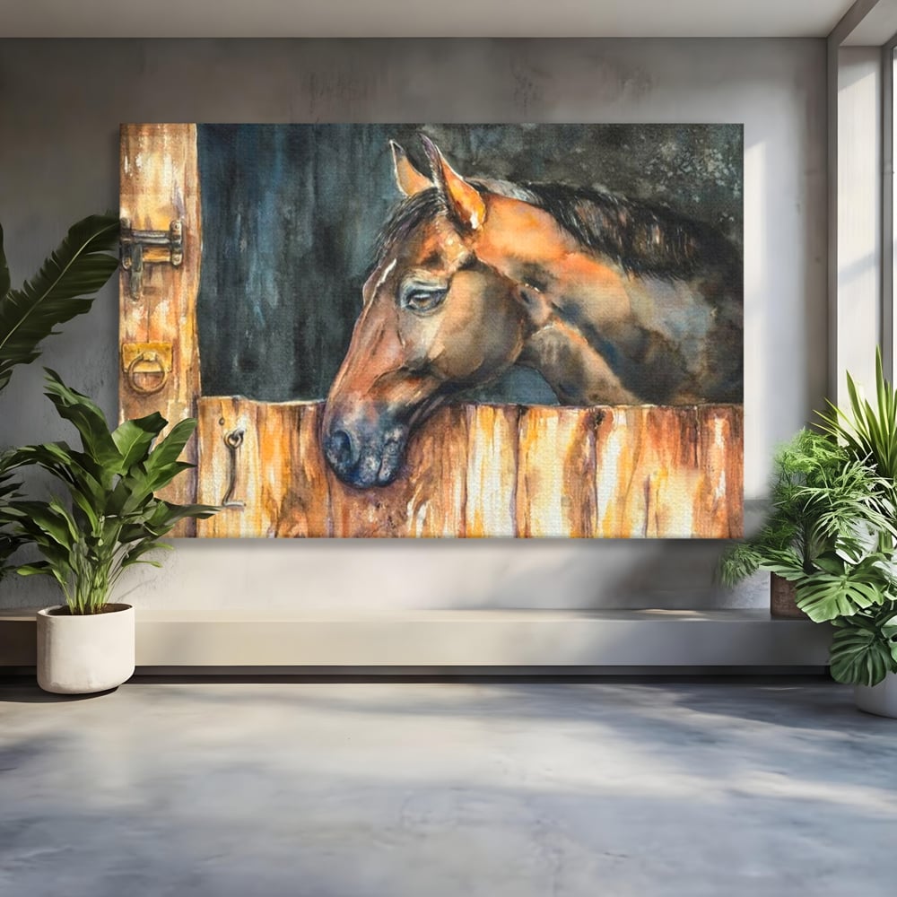 Leinwand Wandkunst Canvas Premium, LuxCanva® M1356, In der Scheune, Scheune, Stall, Rustikal, Ländlich, Holz, Pferd, Frieden, Natur, Frieden, Frieden, Begleiter, Gemälde, Büro, Wohnen, Kinderzimmer