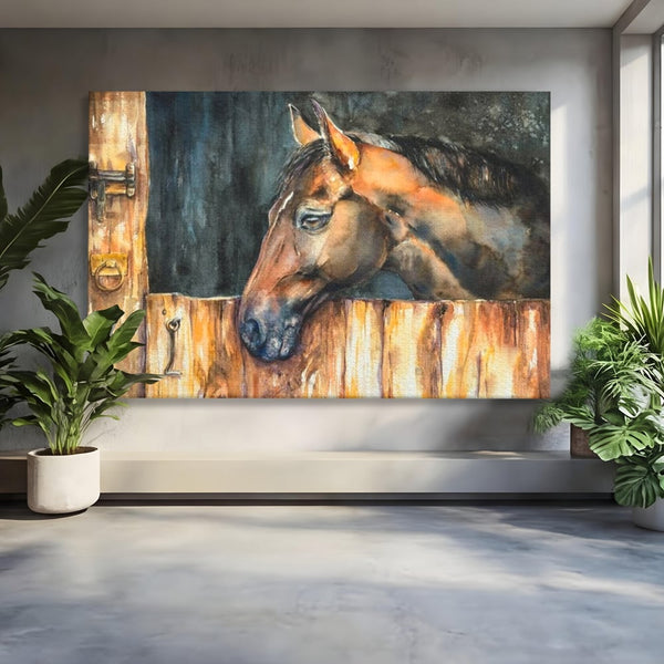 Leinwand Wandkunst Canvas Premium, LuxCanva® M1356, In der Scheune, Scheune, Stall, Rustikal, Ländlich, Holz, Pferd, Frieden, Natur, Frieden, Frieden, Begleiter, Gemälde, Büro, Wohnen, Kinderzimmer