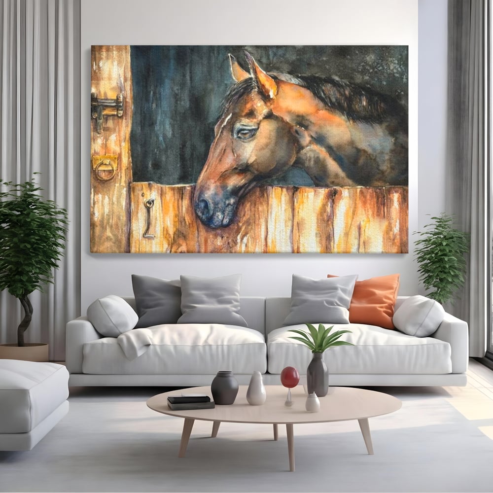 Leinwand Wandkunst Canvas Premium, LuxCanva® M1356, In der Scheune, Scheune, Stall, Rustikal, Ländlich, Holz, Pferd, Frieden, Natur, Frieden, Frieden, Begleiter, Gemälde, Büro, Wohnen, Kinderzimmer