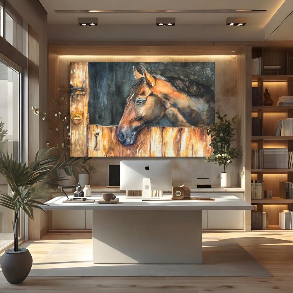 Leinwand Wandkunst Canvas Premium, LuxCanva® M1356, In der Scheune, Scheune, Stall, Rustikal, Ländlich, Holz, Pferd, Frieden, Natur, Frieden, Frieden, Begleiter, Gemälde, Büro, Wohnen, Kinderzimmer