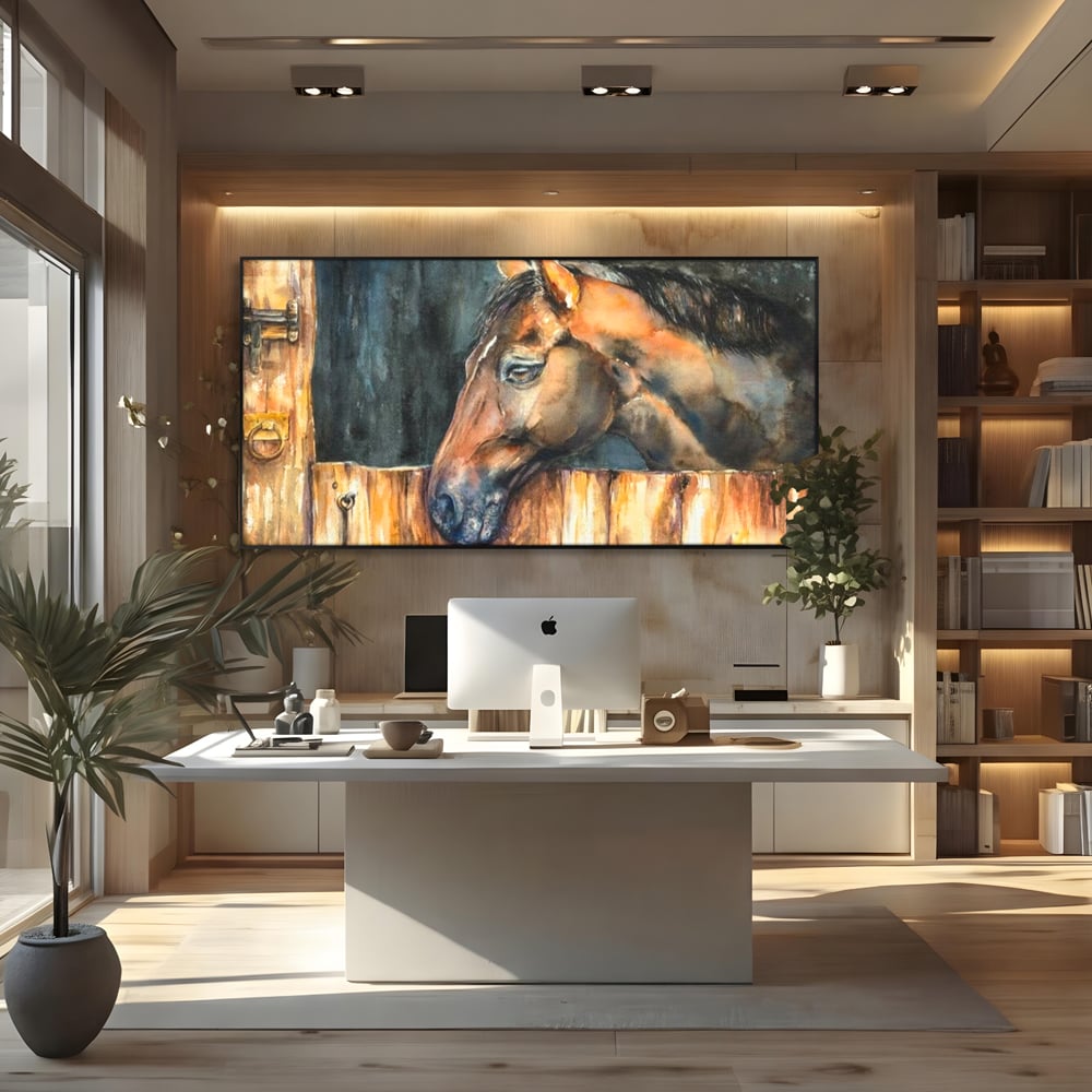 Leinwand Wandkunst Canvas Premium, LuxCanva® M1356, In der Scheune, Scheune, Stall, Rustikal, Ländlich, Holz, Pferd, Frieden, Natur, Frieden, Frieden, Begleiter, Gemälde, Büro, Wohnen, Kinderzimmer