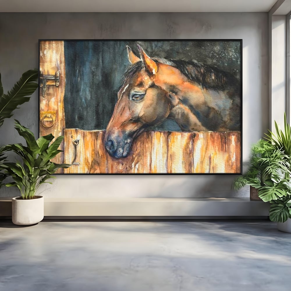 Leinwand Wandkunst Canvas Premium, LuxCanva® M1356, In der Scheune, Scheune, Stall, Rustikal, Ländlich, Holz, Pferd, Frieden, Natur, Frieden, Frieden, Begleiter, Gemälde, Büro, Wohnen, Kinderzimmer