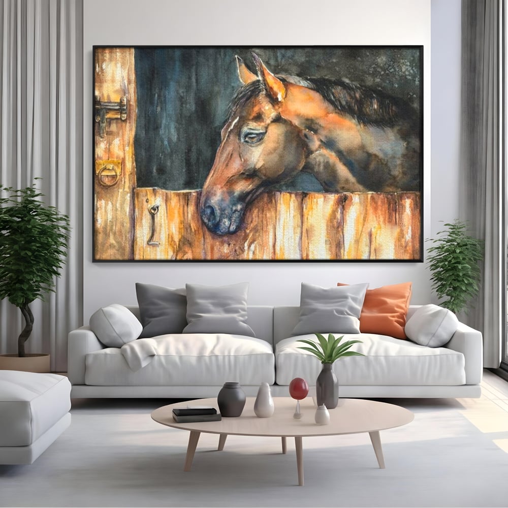 Leinwand Wandkunst Canvas Premium, LuxCanva® M1356, In der Scheune, Scheune, Stall, Rustikal, Ländlich, Holz, Pferd, Frieden, Natur, Frieden, Frieden, Begleiter, Gemälde, Büro, Wohnen, Kinderzimmer