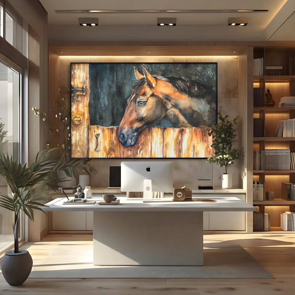 Leinwand Wandkunst Canvas Premium, LuxCanva® M1356, In der Scheune, Scheune, Stall, Rustikal, Ländlich, Holz, Pferd, Frieden, Natur, Frieden, Frieden, Begleiter, Gemälde, Büro, Wohnen, Kinderzimmer