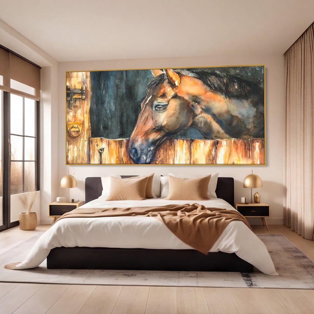 Leinwand Wandkunst Canvas Premium, LuxCanva® M1356, In der Scheune, Scheune, Stall, Rustikal, Ländlich, Holz, Pferd, Frieden, Natur, Frieden, Frieden, Begleiter, Gemälde, Büro, Wohnen, Kinderzimmer