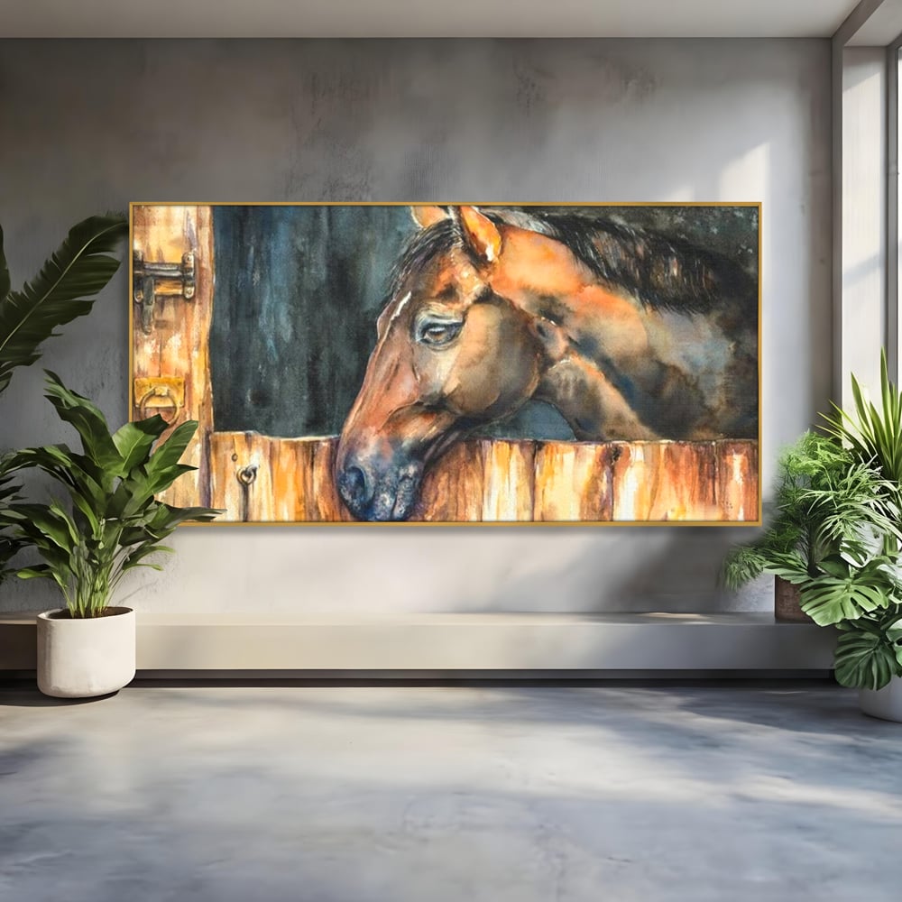 Leinwand Wandkunst Canvas Premium, LuxCanva® M1356, In der Scheune, Scheune, Stall, Rustikal, Ländlich, Holz, Pferd, Frieden, Natur, Frieden, Frieden, Begleiter, Gemälde, Büro, Wohnen, Kinderzimmer