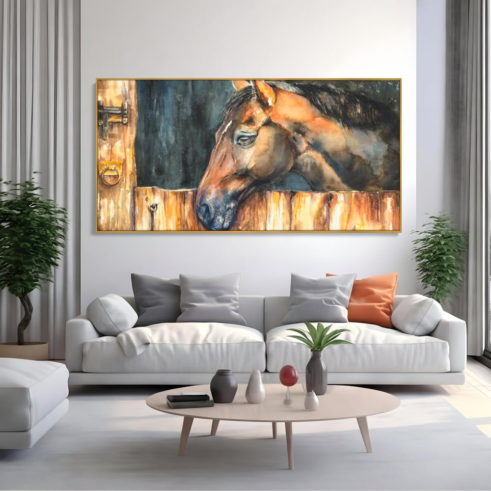 Leinwand Wandkunst Canvas Premium, LuxCanva® M1356, In der Scheune, Scheune, Stall, Rustikal, Ländlich, Holz, Pferd, Frieden, Natur, Frieden, Frieden, Begleiter, Gemälde, Büro, Wohnen, Kinderzimmer