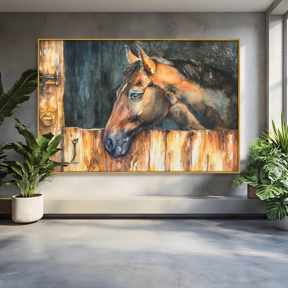 Leinwand Wandkunst Canvas Premium, LuxCanva® M1356, In der Scheune, Scheune, Stall, Rustikal, Ländlich, Holz, Pferd, Frieden, Natur, Frieden, Frieden, Begleiter, Gemälde, Büro, Wohnen, Kinderzimmer