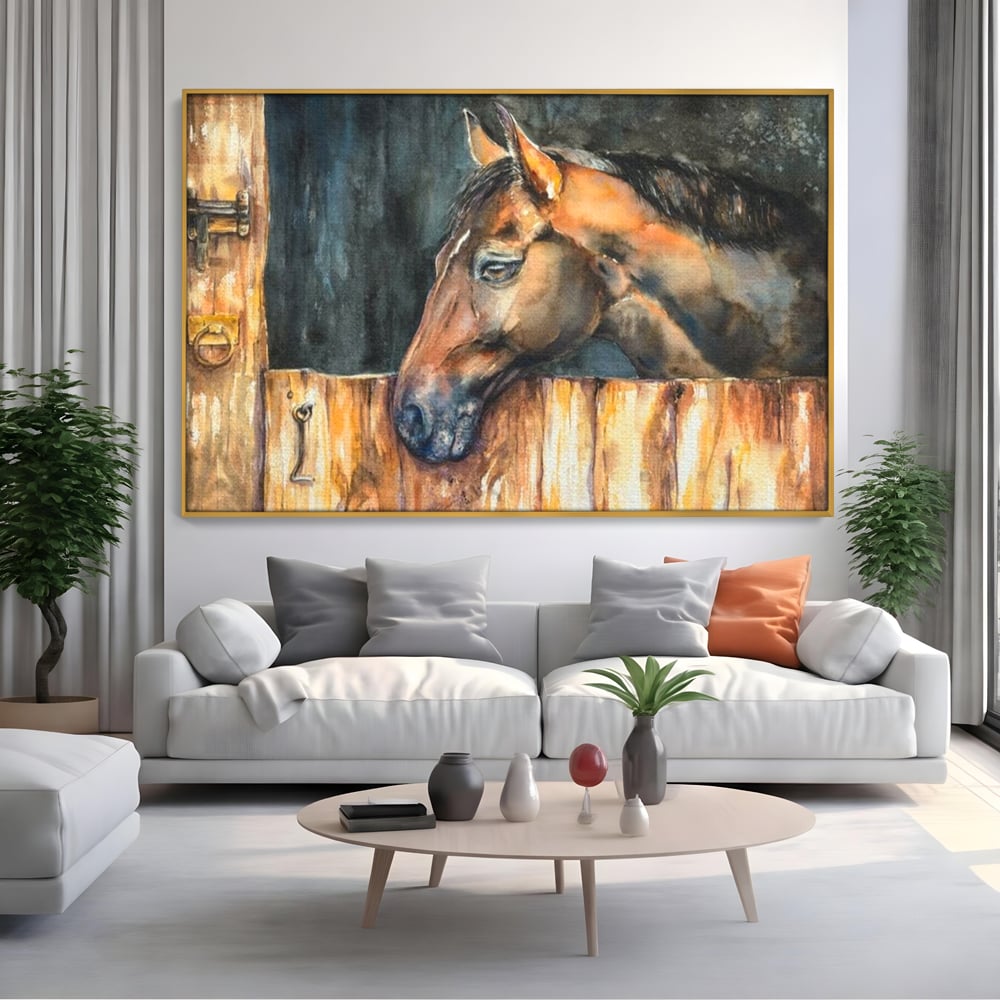 Leinwand Wandkunst Canvas Premium, LuxCanva® M1356, In der Scheune, Scheune, Stall, Rustikal, Ländlich, Holz, Pferd, Frieden, Natur, Frieden, Frieden, Begleiter, Gemälde, Büro, Wohnen, Kinderzimmer