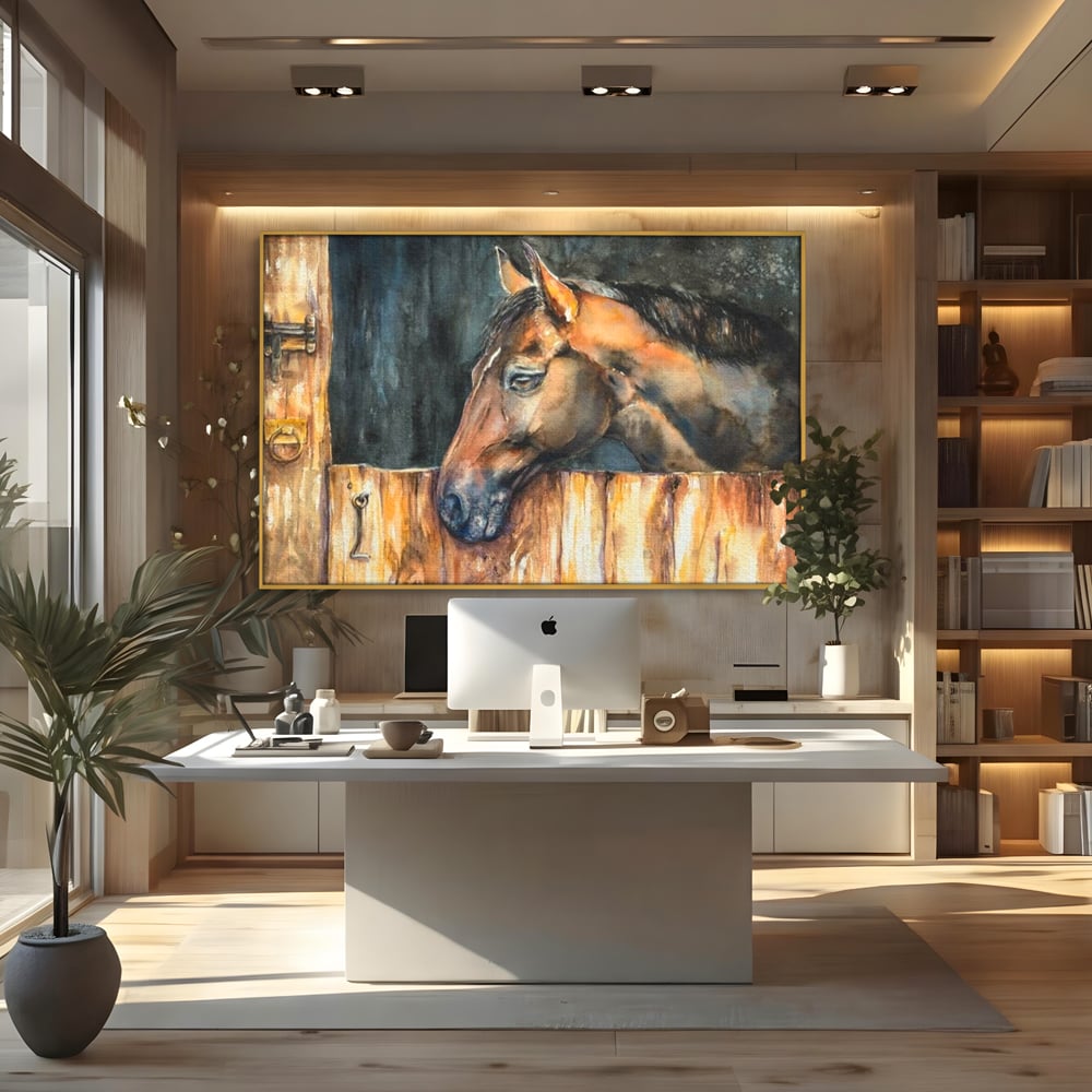 Leinwand Wandkunst Canvas Premium, LuxCanva® M1356, In der Scheune, Scheune, Stall, Rustikal, Ländlich, Holz, Pferd, Frieden, Natur, Frieden, Frieden, Begleiter, Gemälde, Büro, Wohnen, Kinderzimmer