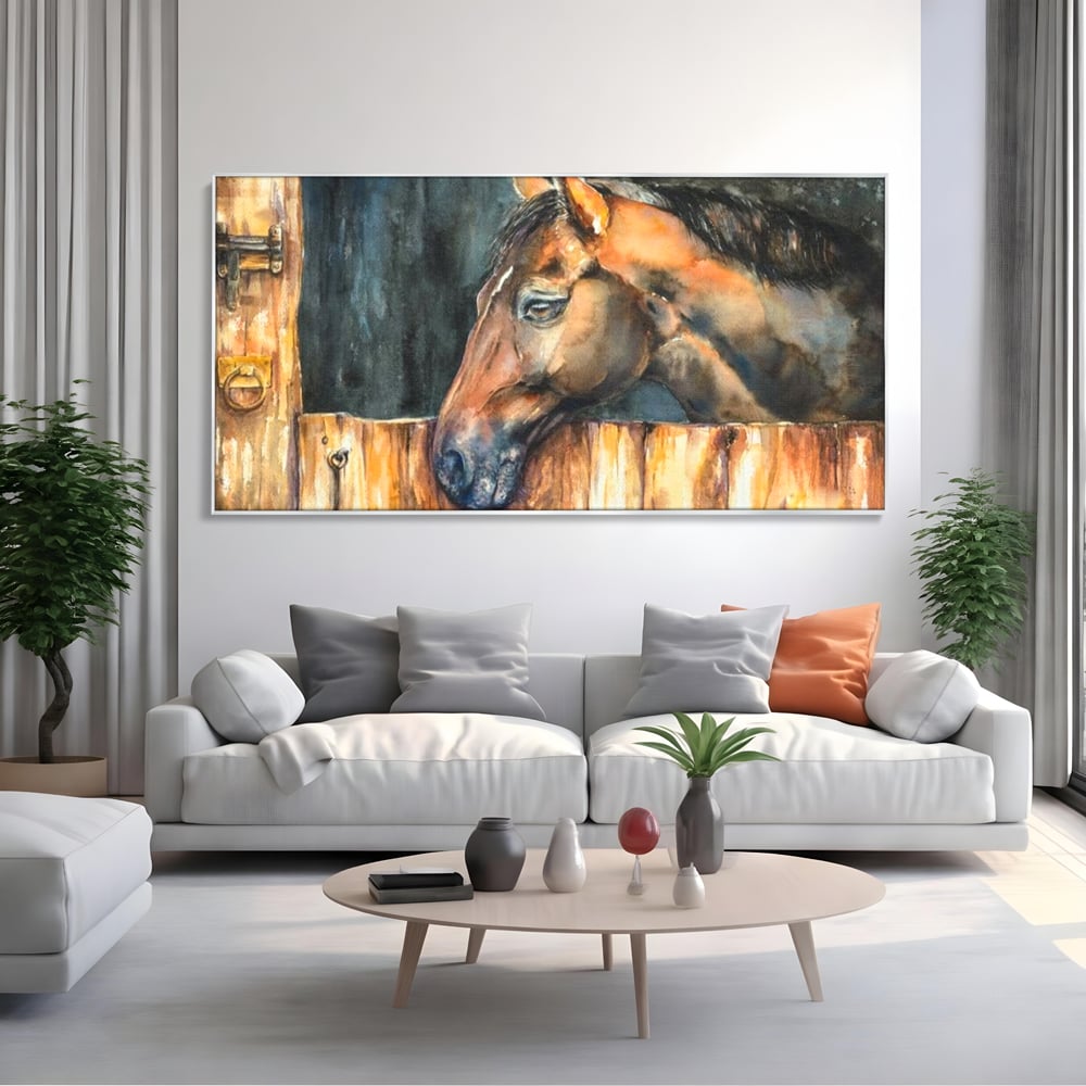 Leinwand Wandkunst Canvas Premium, LuxCanva® M1356, In der Scheune, Scheune, Stall, Rustikal, Ländlich, Holz, Pferd, Frieden, Natur, Frieden, Frieden, Begleiter, Gemälde, Büro, Wohnen, Kinderzimmer