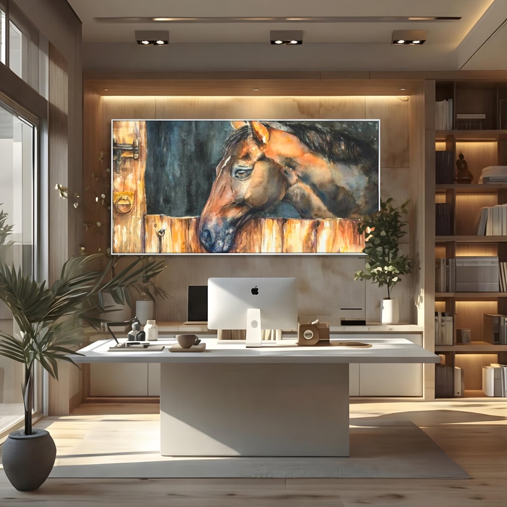Leinwand Wandkunst Canvas Premium, LuxCanva® M1356, In der Scheune, Scheune, Stall, Rustikal, Ländlich, Holz, Pferd, Frieden, Natur, Frieden, Frieden, Begleiter, Gemälde, Büro, Wohnen, Kinderzimmer