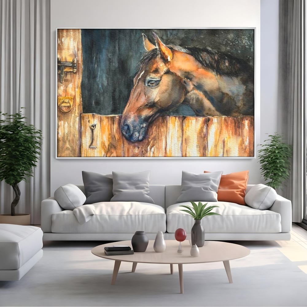 Leinwand Wandkunst Canvas Premium, LuxCanva® M1356, In der Scheune, Scheune, Stall, Rustikal, Ländlich, Holz, Pferd, Frieden, Natur, Frieden, Frieden, Begleiter, Gemälde, Büro, Wohnen, Kinderzimmer
