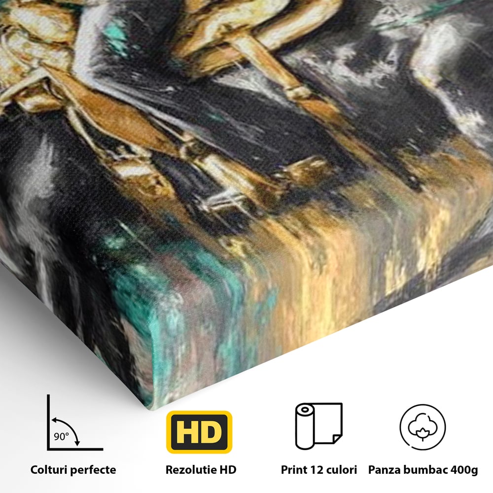 Tablou Canvas Premium, LuxCanva® M1357, Calaret Pierdut in Culoare, Armasar, Galop, Viteza, Pictura, Palarie, Femeie, Cowboy, Culoare, Copite, Birou, Living, Camera Copil