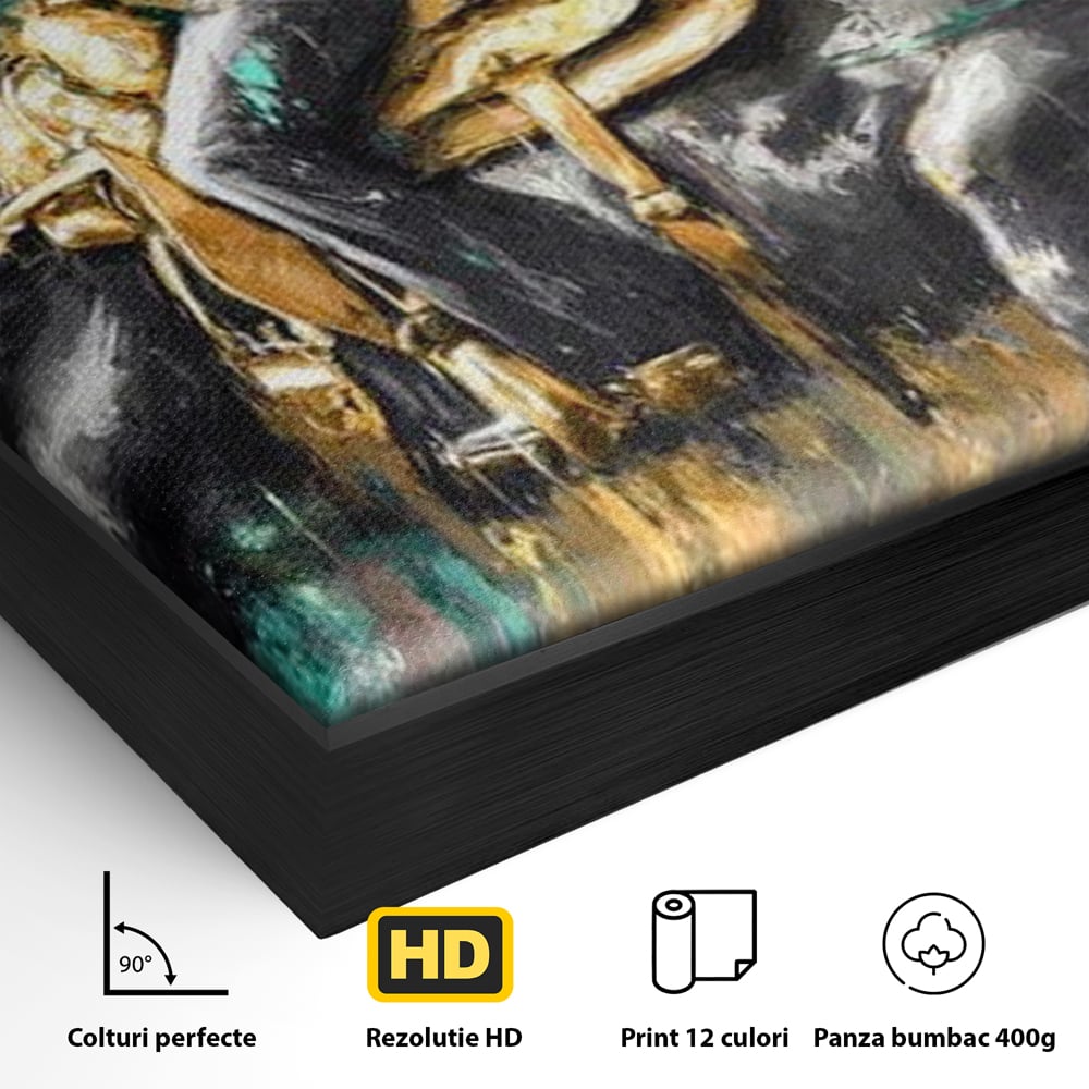 Tablou Canvas Premium, LuxCanva® M1357, Calaret Pierdut in Culoare, Armasar, Galop, Viteza, Pictura, Palarie, Femeie, Cowboy, Culoare, Copite, Birou, Living, Camera Copil