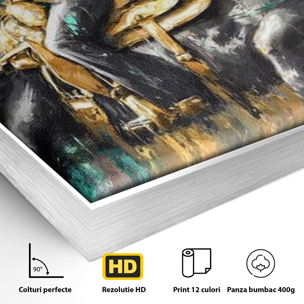 Tablou Canvas Premium, LuxCanva® M1357, Calaret Pierdut in Culoare, Armasar, Galop, Viteza, Pictura, Palarie, Femeie, Cowboy, Culoare, Copite, Birou, Living, Camera Copil