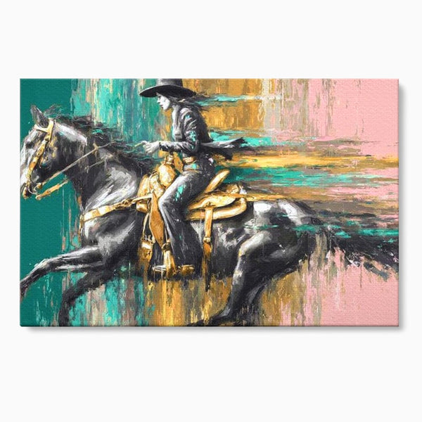 Tablou Canvas Premium, LuxCanva® M1357, Calaret Pierdut in Culoare, Armasar, Galop, Viteza, Pictura, Palarie, Femeie, Cowboy, Culoare, Copite, Birou, Living, Camera Copil